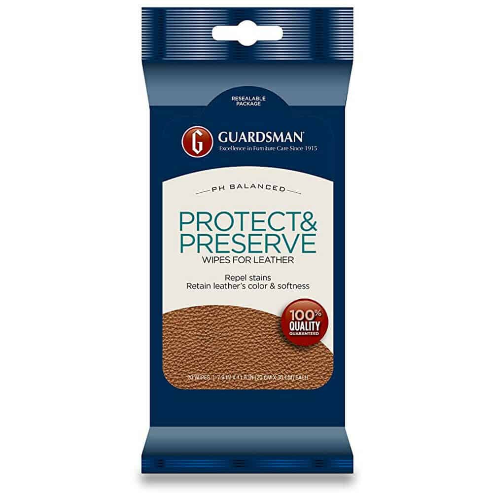 A blue & white packet of wipes to protect & preserve leather by the brand guardsman