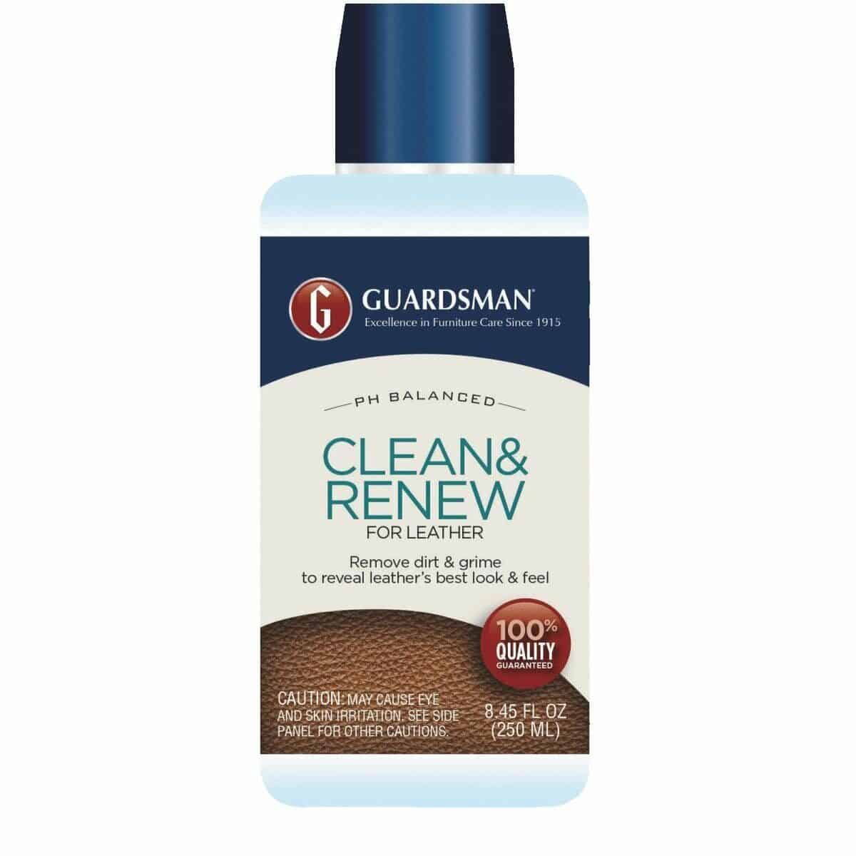 A white and blue bottle containing liquid for cleaning and renewing leather by the brand Guardsman.