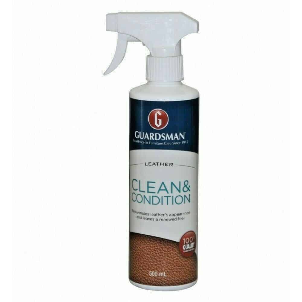 A blue & white bottle that contains a water based solution to clean & condition leather.