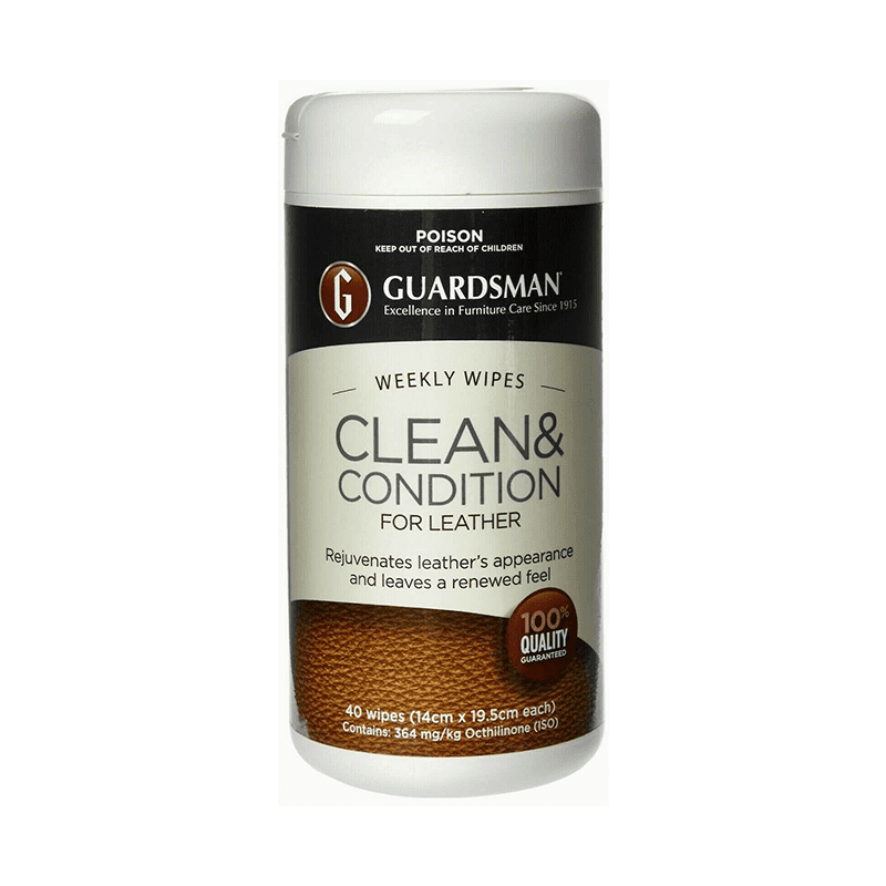 A blue & white canister of 40 wipes for weekly cleaning and conditioning of leather