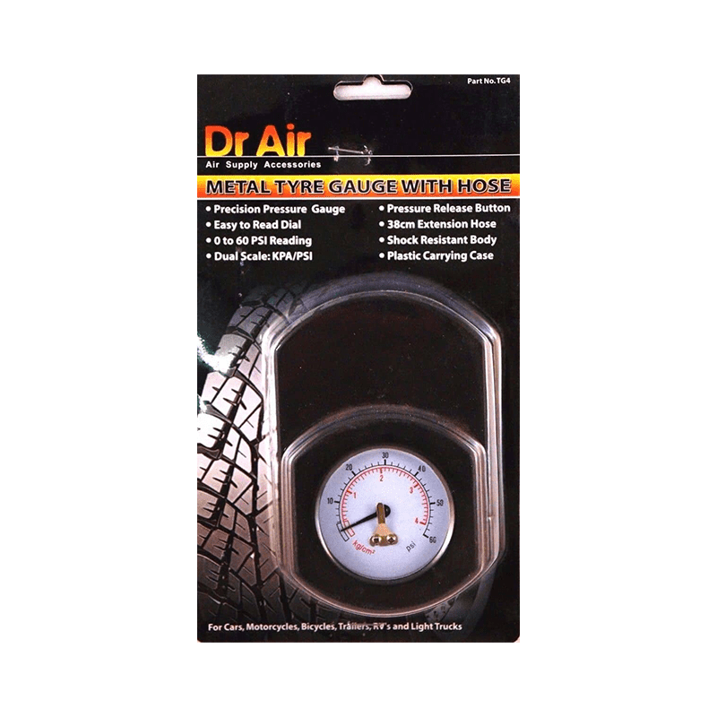 TYRE GAUGE Metal WITH HOSE 10-60 psi Dr Air