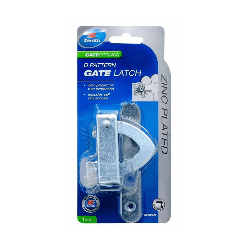 Zenith Zinc Plated D Pattern GATE LATCH 100mm Includes Self Drill Screws